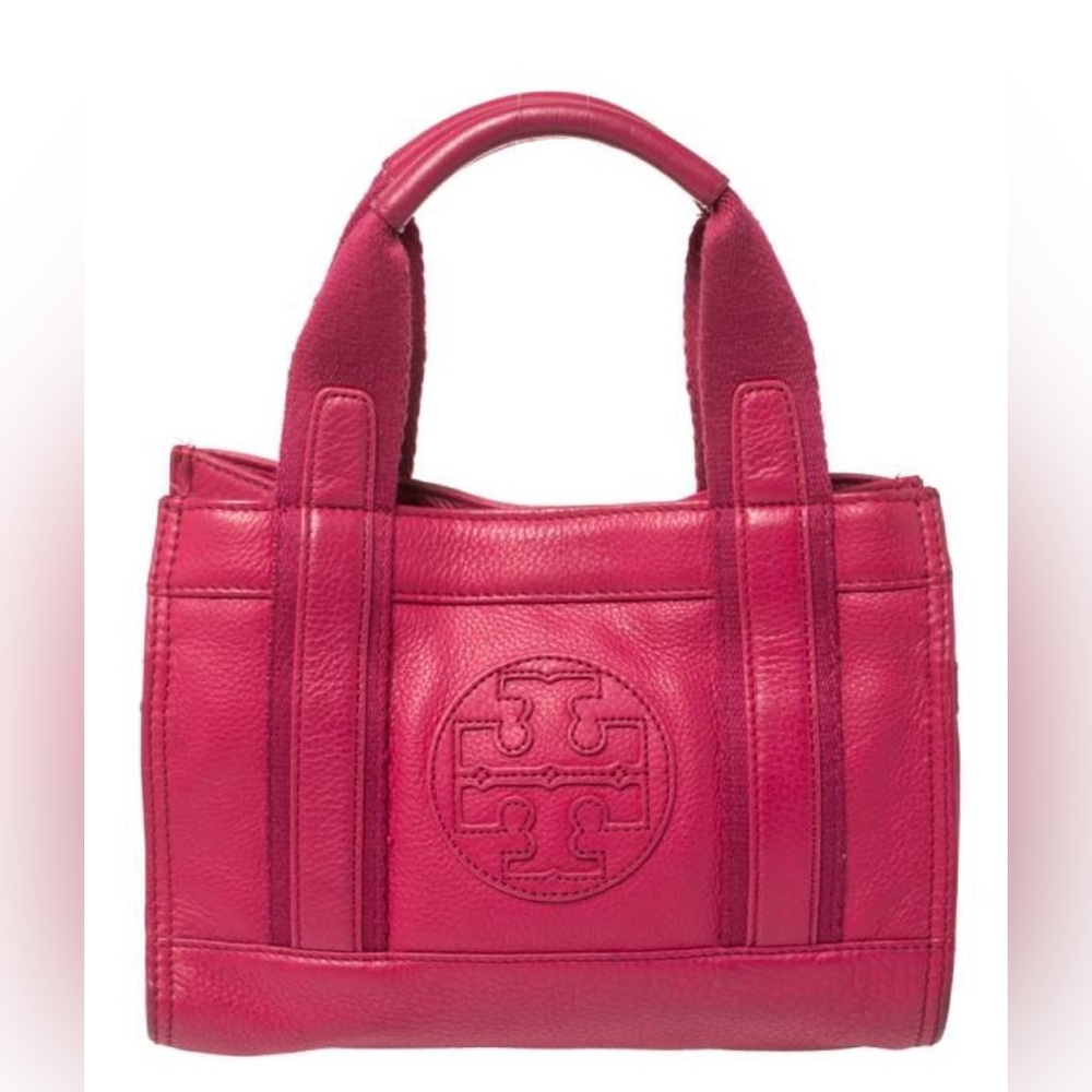 Tory Burch Magenta Leather and Canvas Logo Embossed Tote
